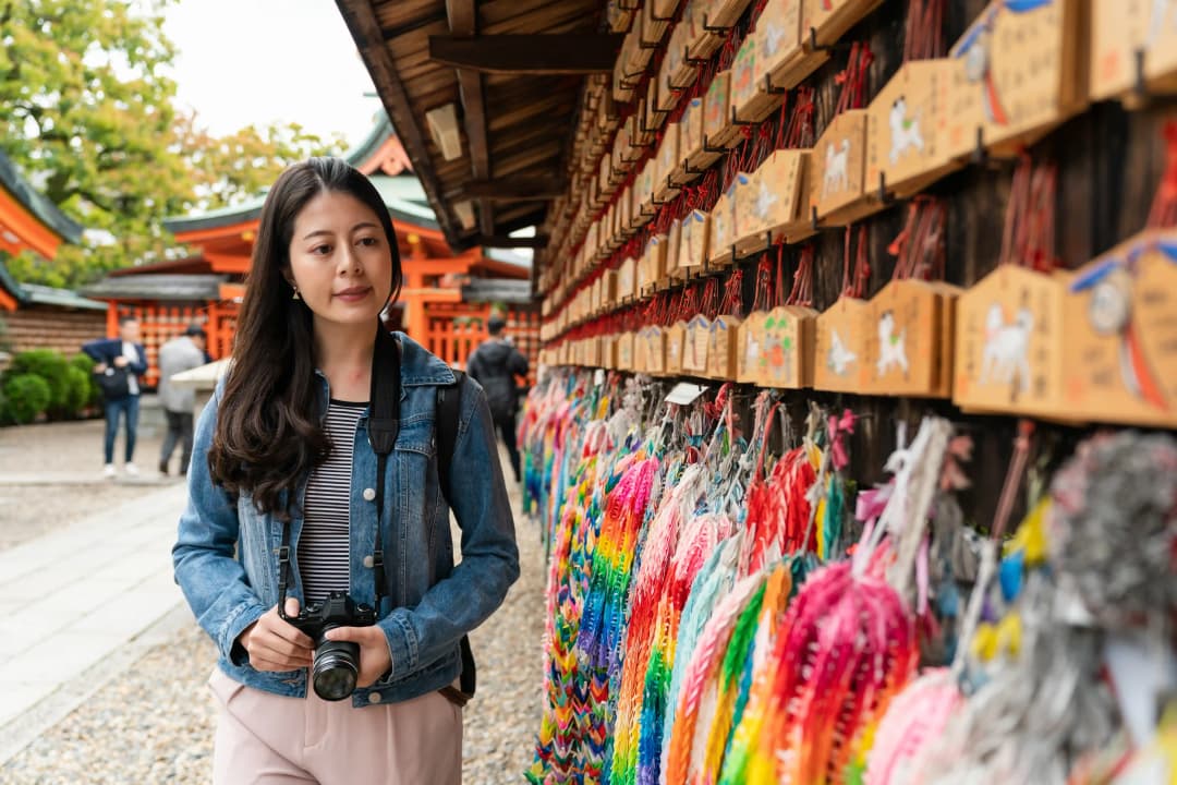 female tourist walking by a wall of ema and paper cranes in shrine in Kyoto